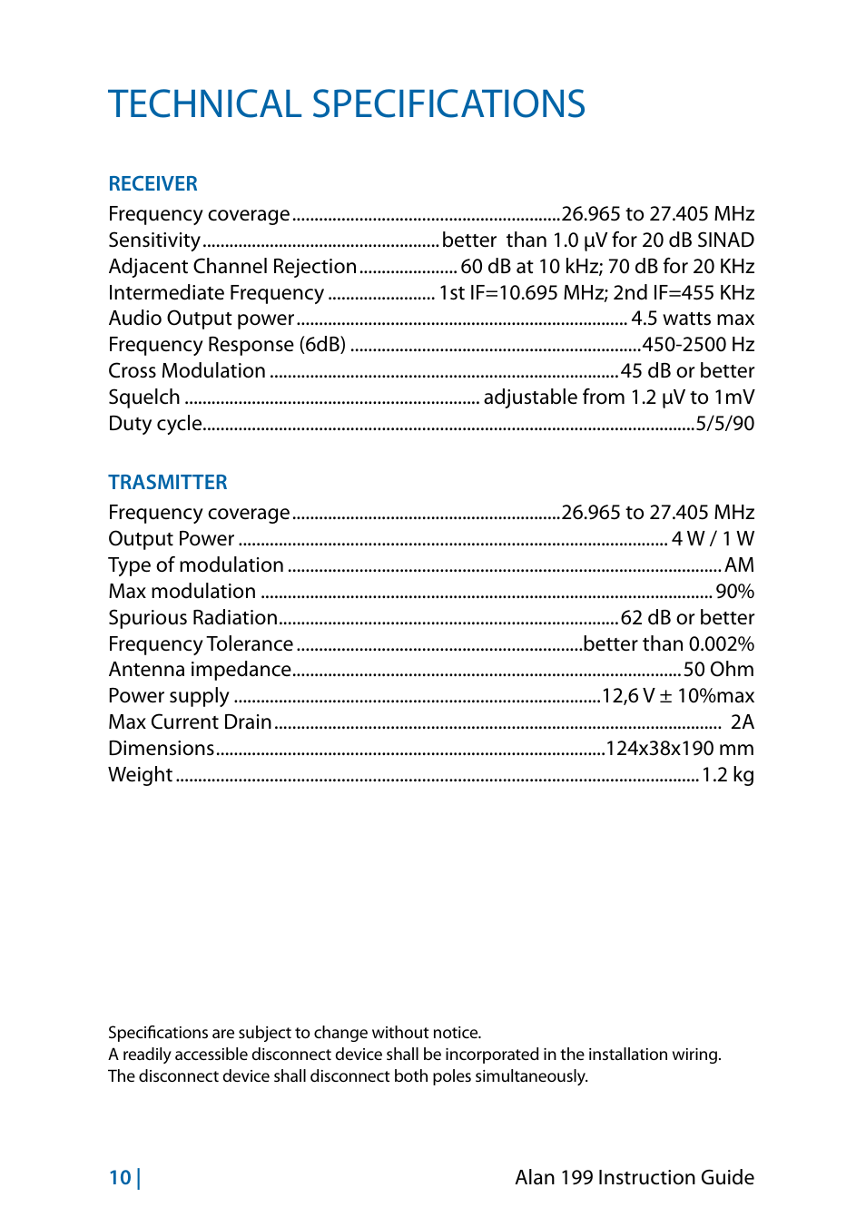 Technical specifications | MIDLAND Alan 199-A User Manual | Page 25 / 66