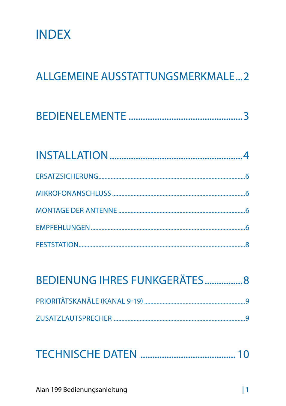 Deutsch, Index, Bedienung ihres funkgerätes | Technische daten | MIDLAND Alan 199-A User Manual | Page 28 / 66