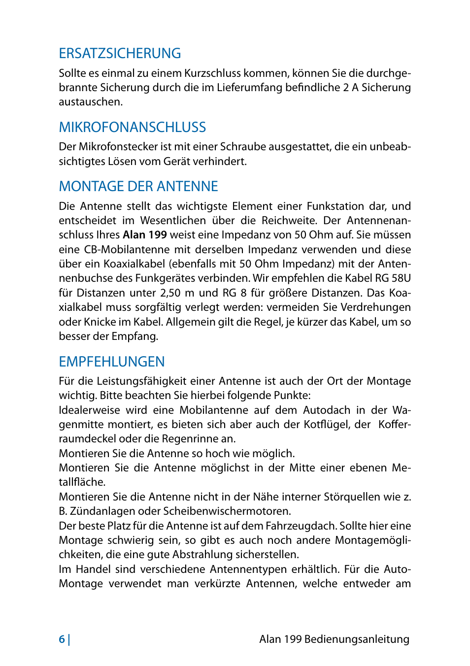 Ersatzsicherung, Mikrofonanschluss, Montage der antenne | Empfehlungen | MIDLAND Alan 199-A User Manual | Page 33 / 66