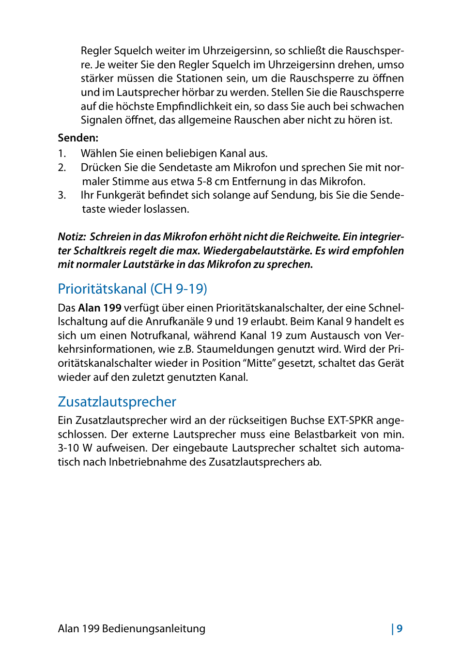 Prioritätskanäle (kanal 9-19), Zusatzlautsprecher, Prioritätskanal (ch 9-19) | MIDLAND Alan 199-A User Manual | Page 36 / 66