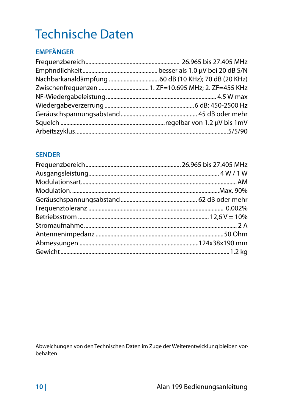 Technische daten | MIDLAND Alan 199-A User Manual | Page 37 / 66