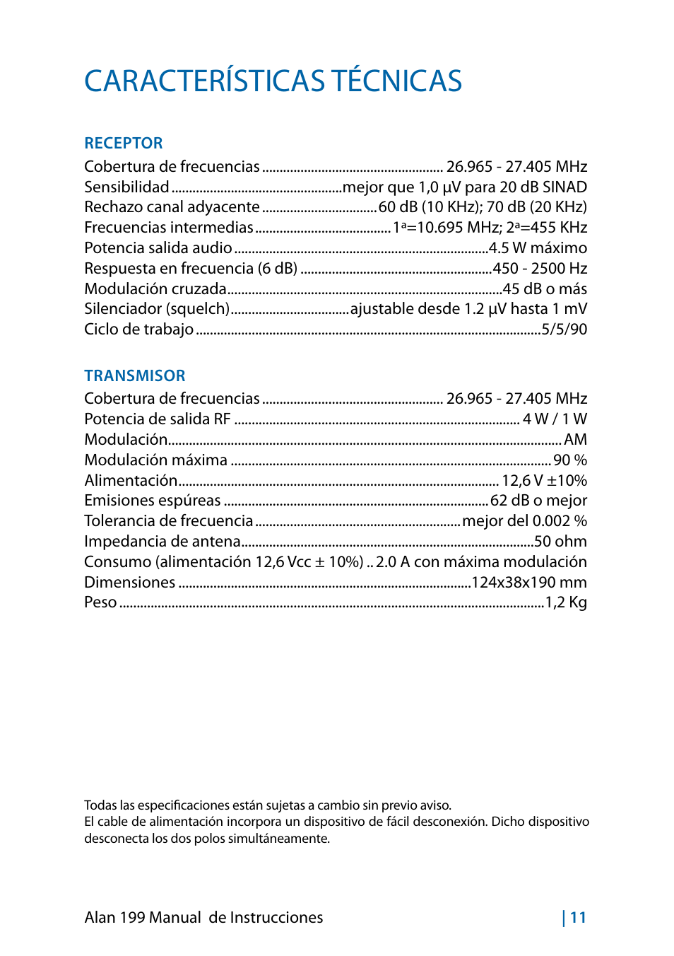 Características técnicas | MIDLAND Alan 199-A User Manual | Page 50 / 66