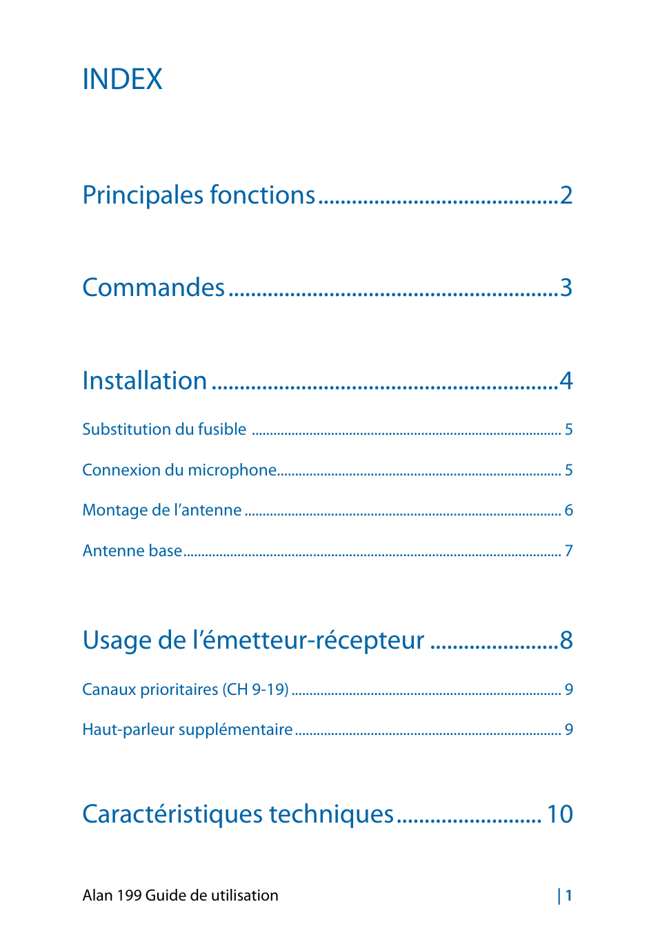 Français, Index, Principales fonctions commandes installation | Usage de l’émetteur-récepteur, Caractéristiques techniques | MIDLAND Alan 199-A User Manual | Page 52 / 66