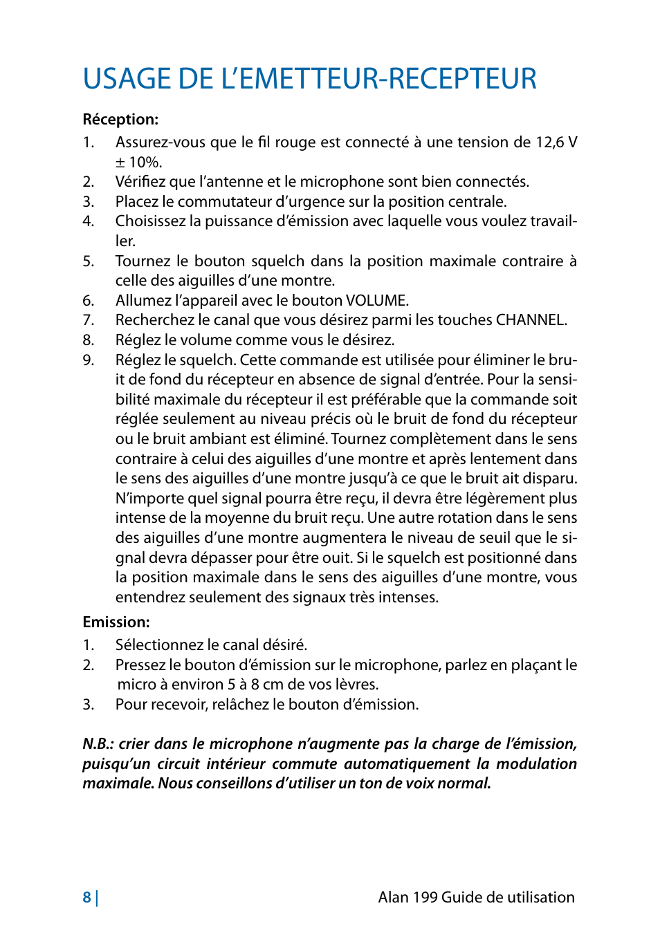 Usage de l’émetteur-récepteur, Usage de l’emetteur-recepteur | MIDLAND Alan 199-A User Manual | Page 59 / 66