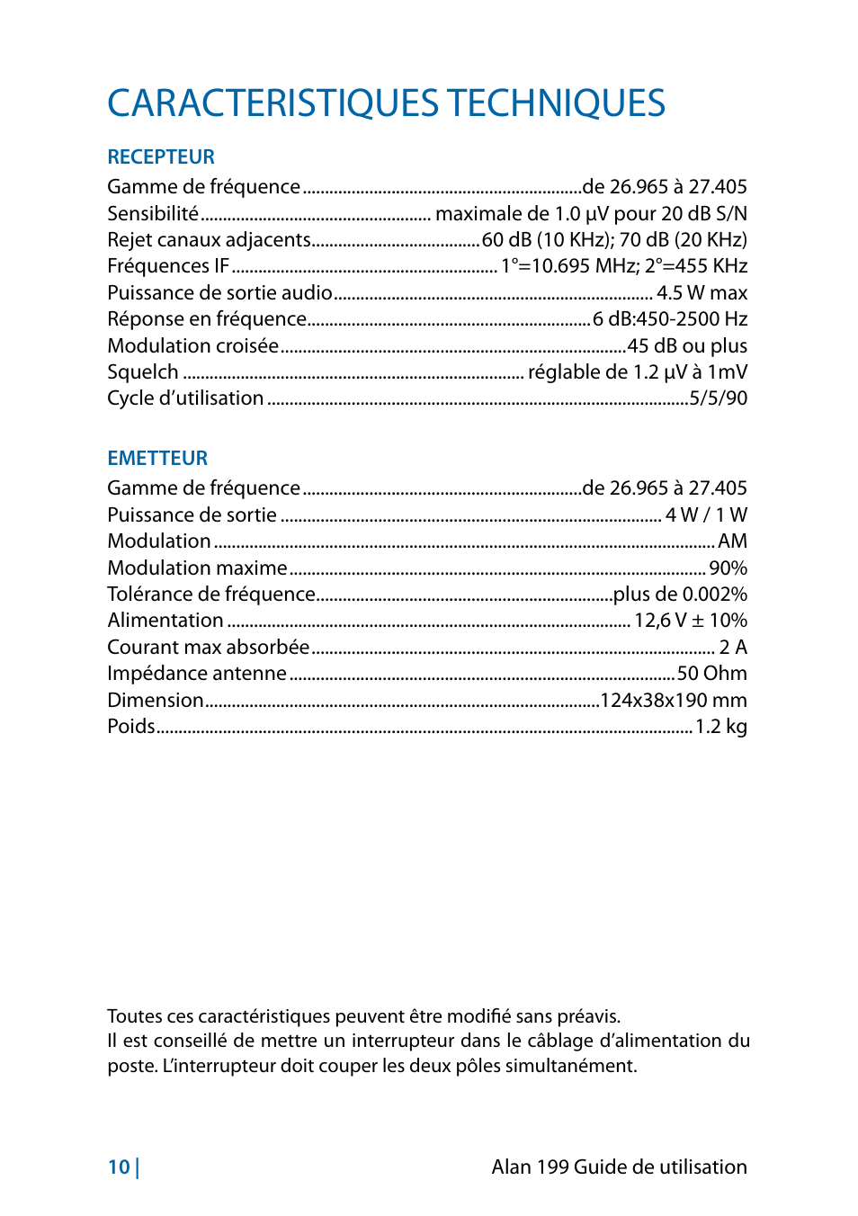 Caractéristiques techniques, Caracteristiques techniques | MIDLAND Alan 199-A User Manual | Page 61 / 66