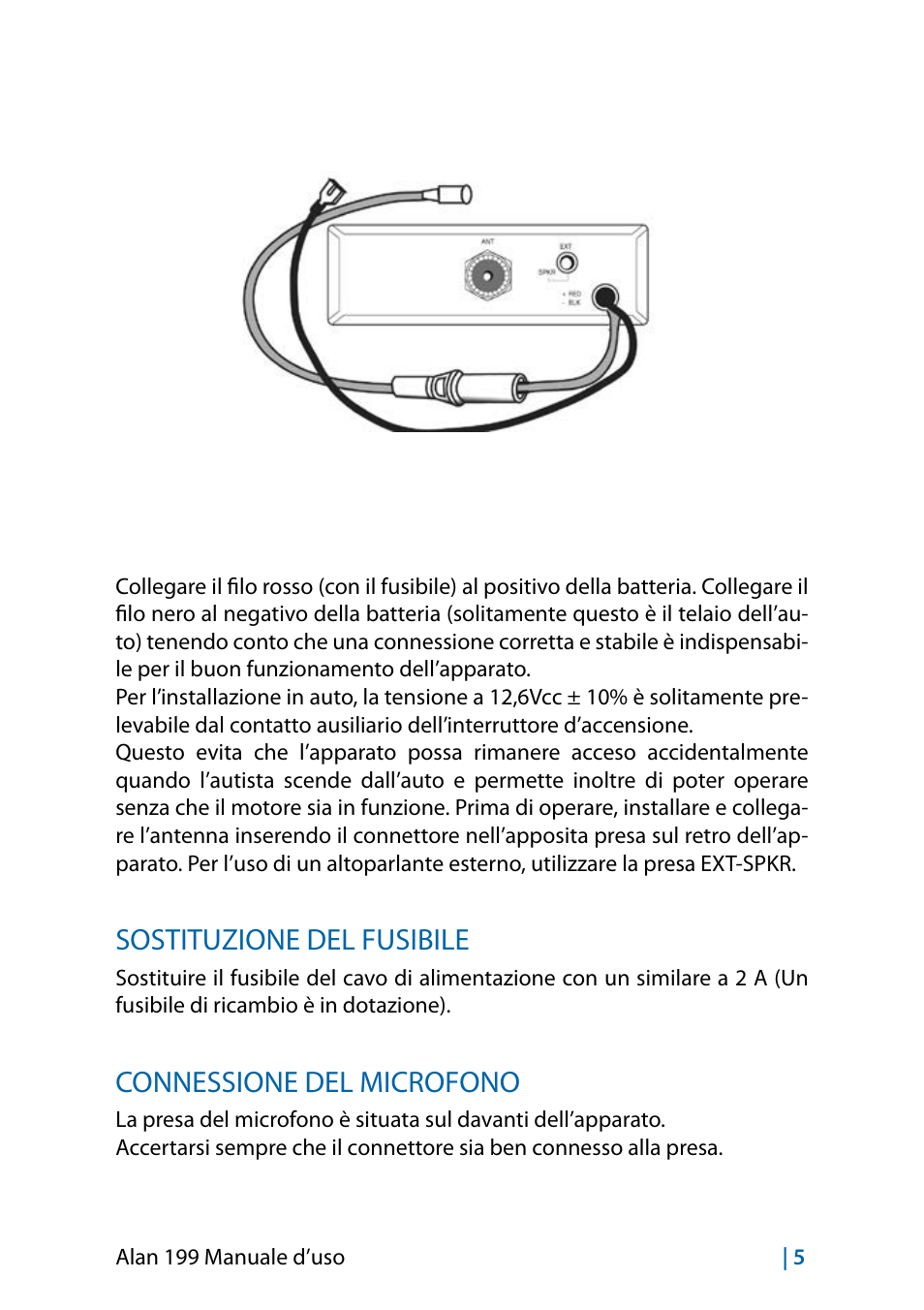Sostituzione del fusibile, Connessione del microfono | MIDLAND Alan 199-A User Manual | Page 8 / 66