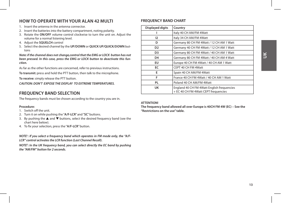 How to operate with your alan 42 multi, Frequency band selection | MIDLAND Alan 42 multi User Manual | Page 13 / 54