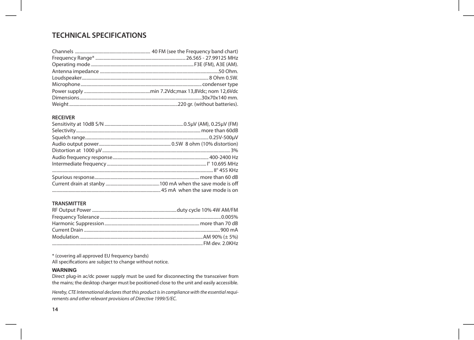Technical specifications | MIDLAND Alan 42 multi User Manual | Page 14 / 54