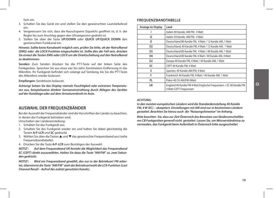 Auswahl der frequenzbänder | MIDLAND Alan 42 multi User Manual | Page 19 / 54