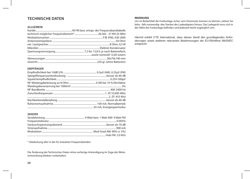 Technische daten | MIDLAND Alan 42 multi User Manual | Page 20 / 54