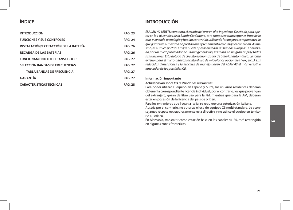 Índice, Introducción | MIDLAND Alan 42 multi User Manual | Page 21 / 54