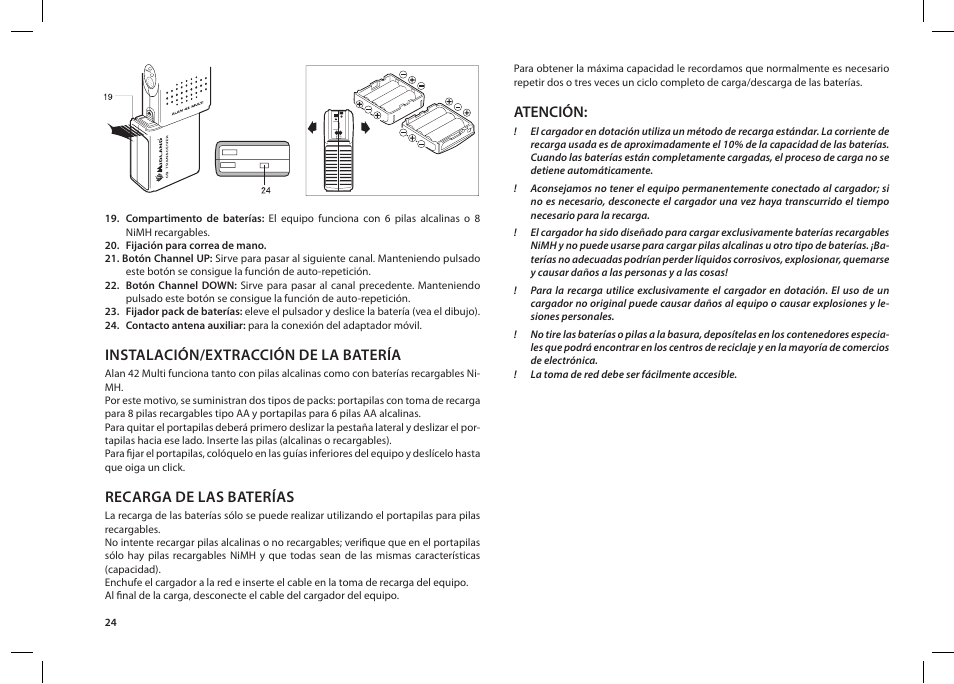 Instalación/extracción de la batería, Recarga de las baterías, Atención | MIDLAND Alan 42 multi User Manual | Page 24 / 54
