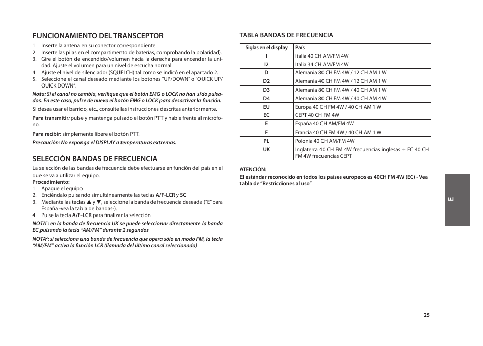 Funcionamiento del transceptor, Selección bandas de frecuencia | MIDLAND Alan 42 multi User Manual | Page 25 / 54