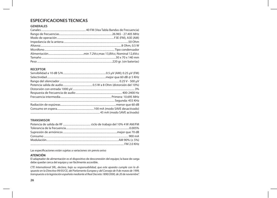 Especificaciones tecnicas | MIDLAND Alan 42 multi User Manual | Page 26 / 54