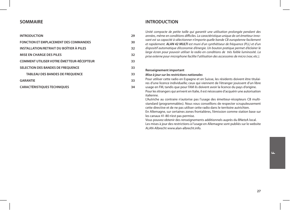 Sommaire, Introduction | MIDLAND Alan 42 multi User Manual | Page 27 / 54