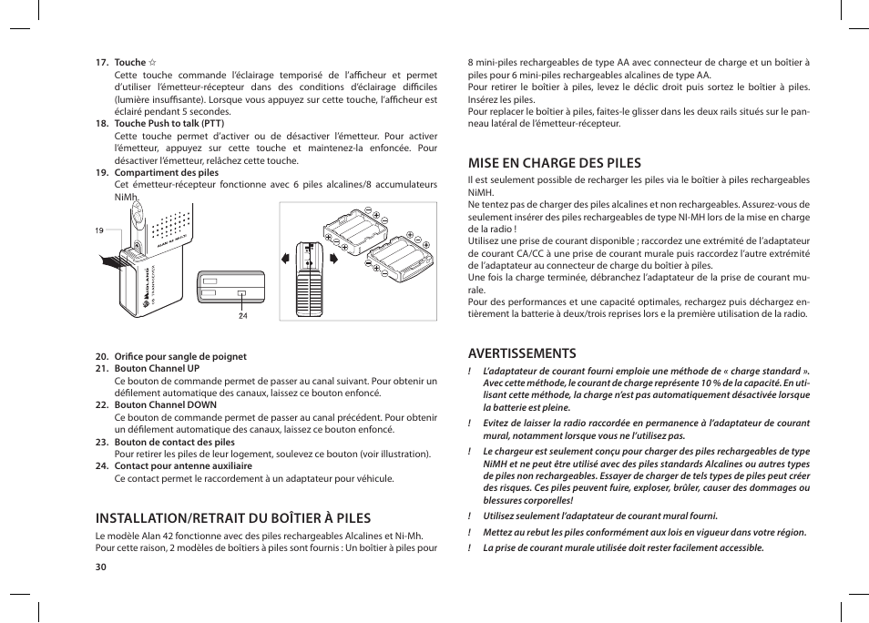 Installation/retrait du boîtier à piles, Mise en charge des piles, Avertissements | MIDLAND Alan 42 multi User Manual | Page 30 / 54