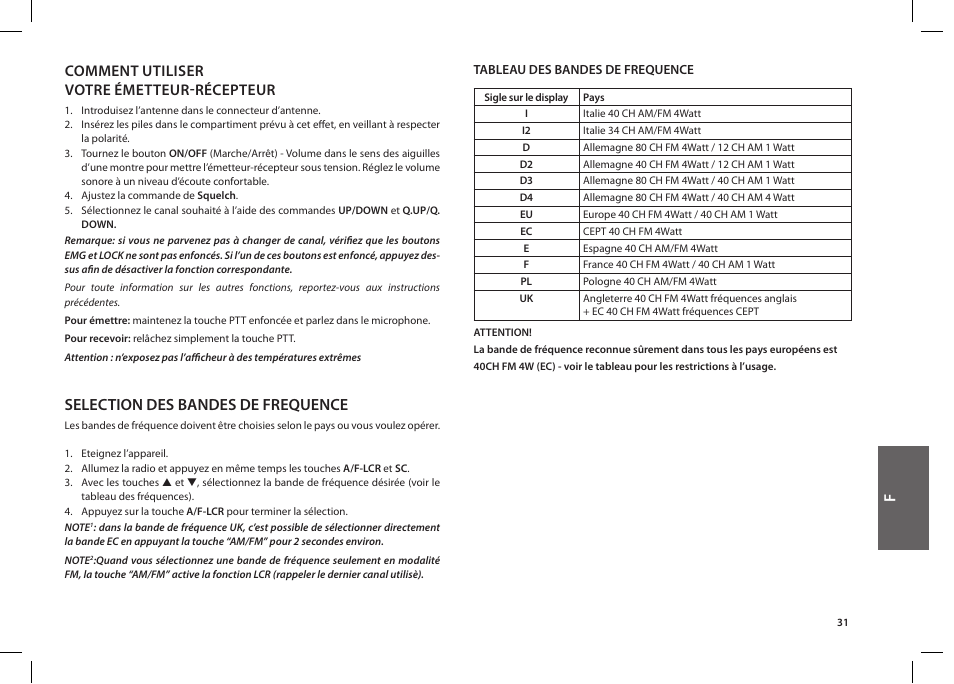 Selection des bandes de frequence, Comment utiliser votre émetteur-récepteur | MIDLAND Alan 42 multi User Manual | Page 31 / 54