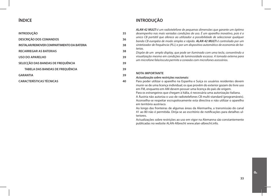 Índice, Introdução | MIDLAND Alan 42 multi User Manual | Page 33 / 54