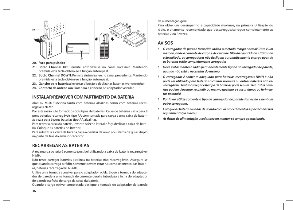 Instalar/remover compartimento da bateria, Recarregar as baterias, Avisos | MIDLAND Alan 42 multi User Manual | Page 36 / 54