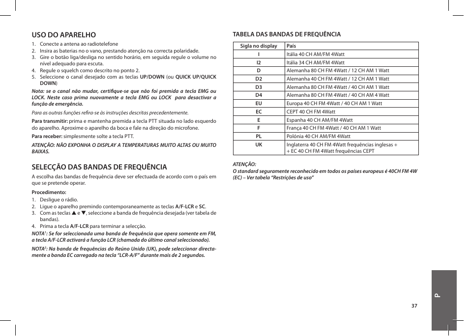 Uso do aparelho, Selecção das bandas de frequência | MIDLAND Alan 42 multi User Manual | Page 37 / 54