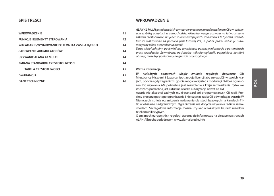 Spis tresci, Wprowadzenie | MIDLAND Alan 42 multi User Manual | Page 39 / 54