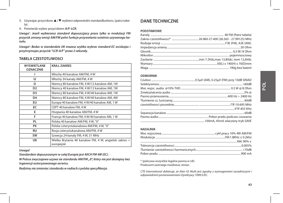 Dane techniczne | MIDLAND Alan 42 multi User Manual | Page 43 / 54