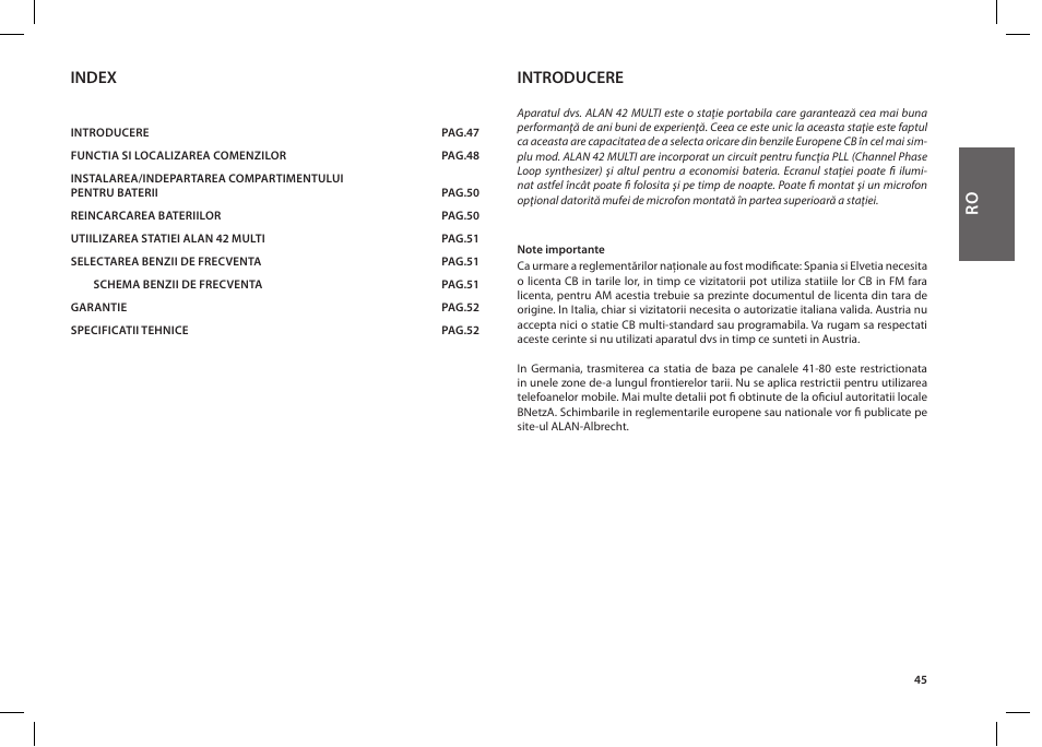 Index, Introducere | MIDLAND Alan 42 multi User Manual | Page 45 / 54