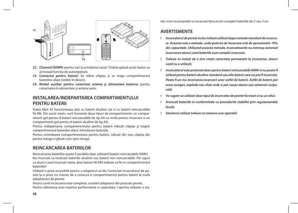 Reincarcarea bateriilor, Avertismente | MIDLAND Alan 42 multi User Manual | Page 48 / 54