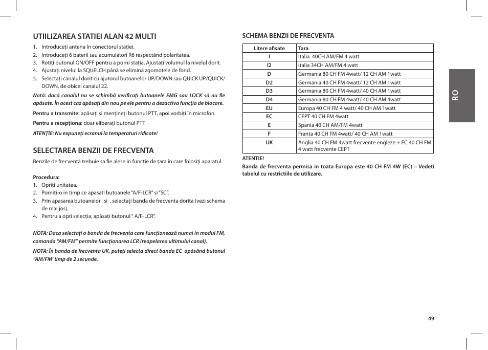 Utiilizarea statiei alan 42 multi, Selectarea benzii de frecventa | MIDLAND Alan 42 multi User Manual | Page 49 / 54