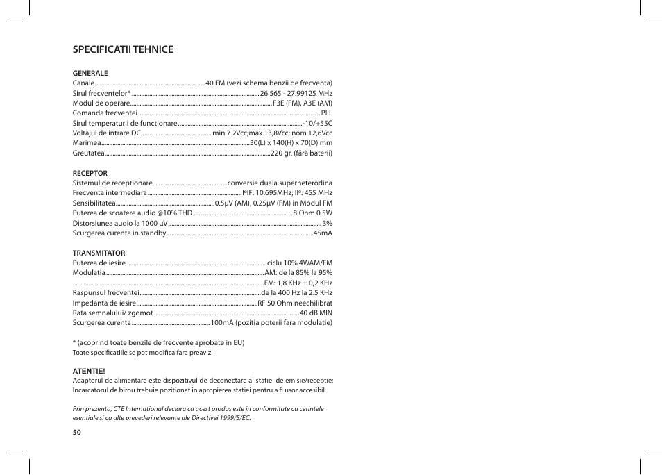 Specificatii tehnice | MIDLAND Alan 42 multi User Manual | Page 50 / 54