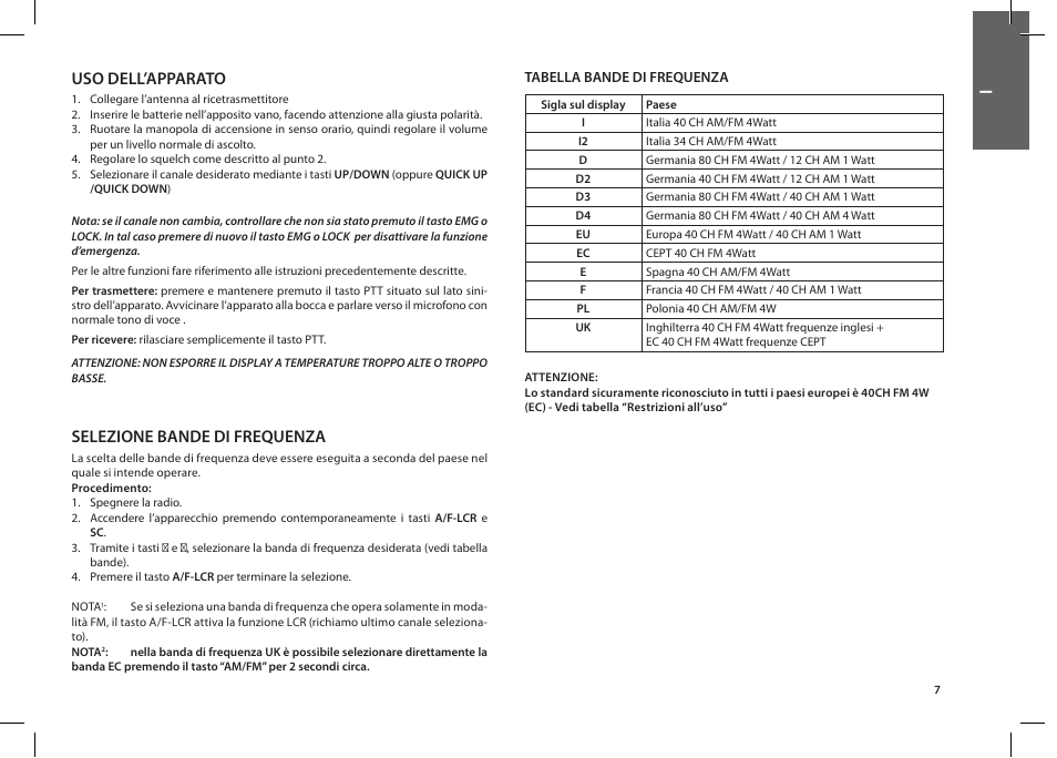 Uso dell’apparato, Selezione bande di frequenza | MIDLAND Alan 42 multi User Manual | Page 7 / 54