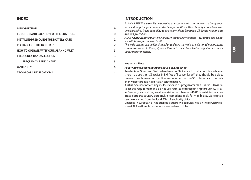Index, Introduction | MIDLAND Alan 42 multi User Manual | Page 9 / 54