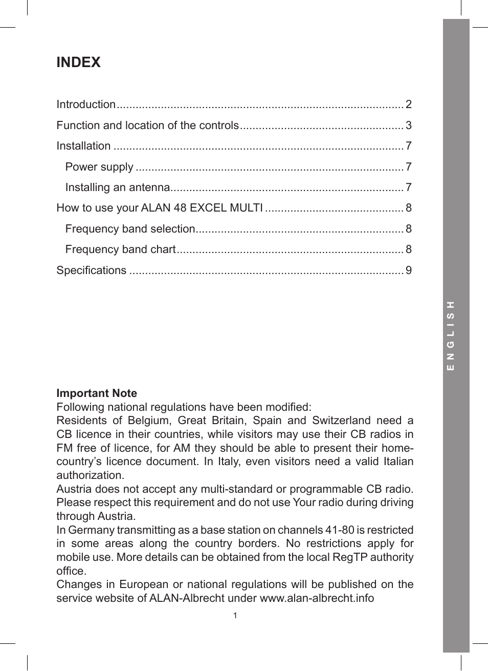 Index | MIDLAND Alan 48 Excel multi User Manual | Page 11 / 74