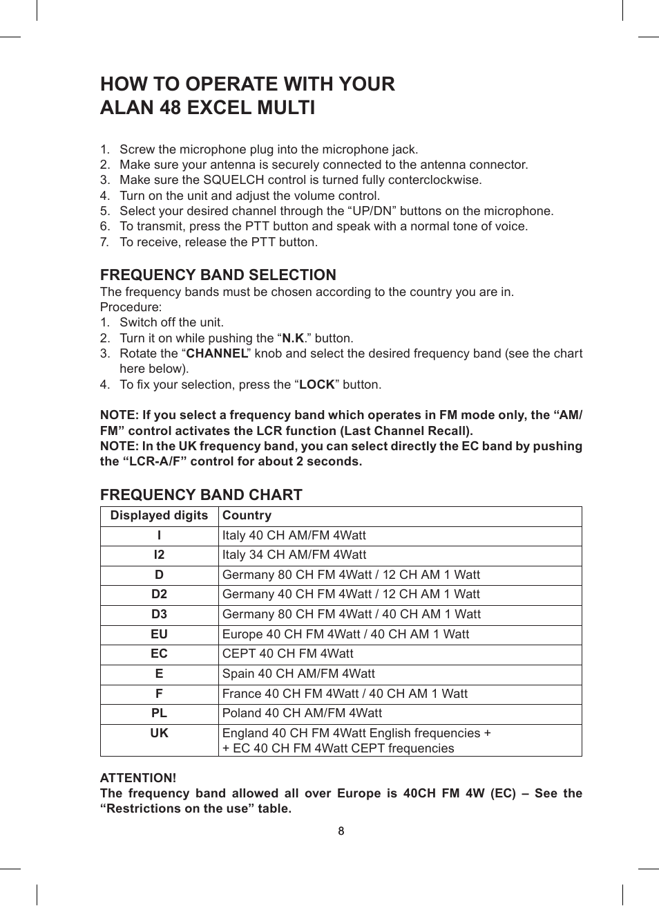 How to operate with your alan 48 excel multi, Frequency band selection, Frequency band chart | MIDLAND Alan 48 Excel multi User Manual | Page 18 / 74