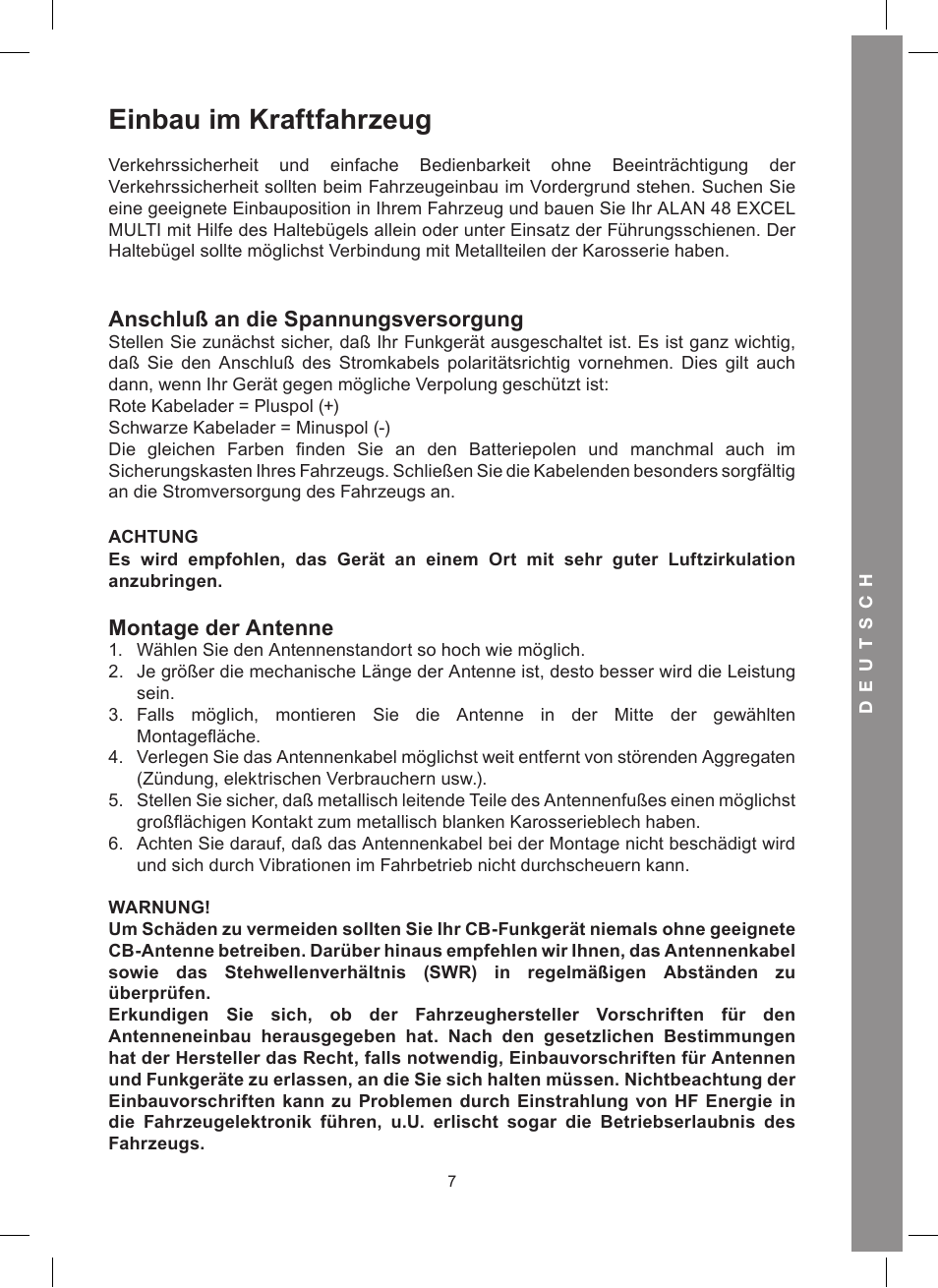 Einbau im kraftfahrzeug, Anschluß an die spannungsversorgung, Montage der antenne | MIDLAND Alan 48 Excel multi User Manual | Page 27 / 74