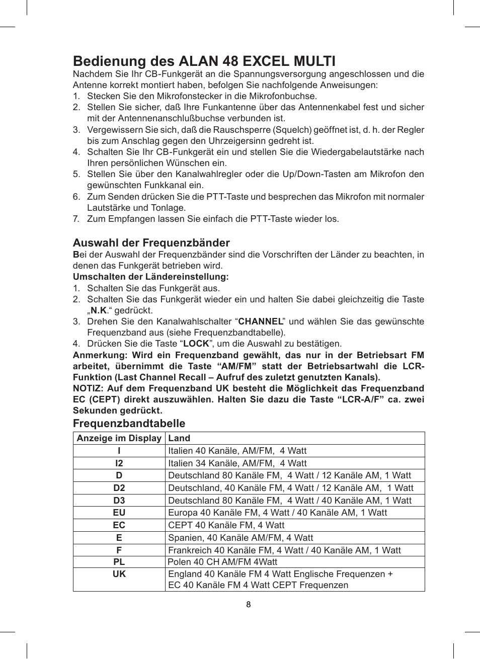 Bedienung des alan 48 excel multi, Auswahl der frequenzbänder, Frequenzbandtabelle | MIDLAND Alan 48 Excel multi User Manual | Page 28 / 74