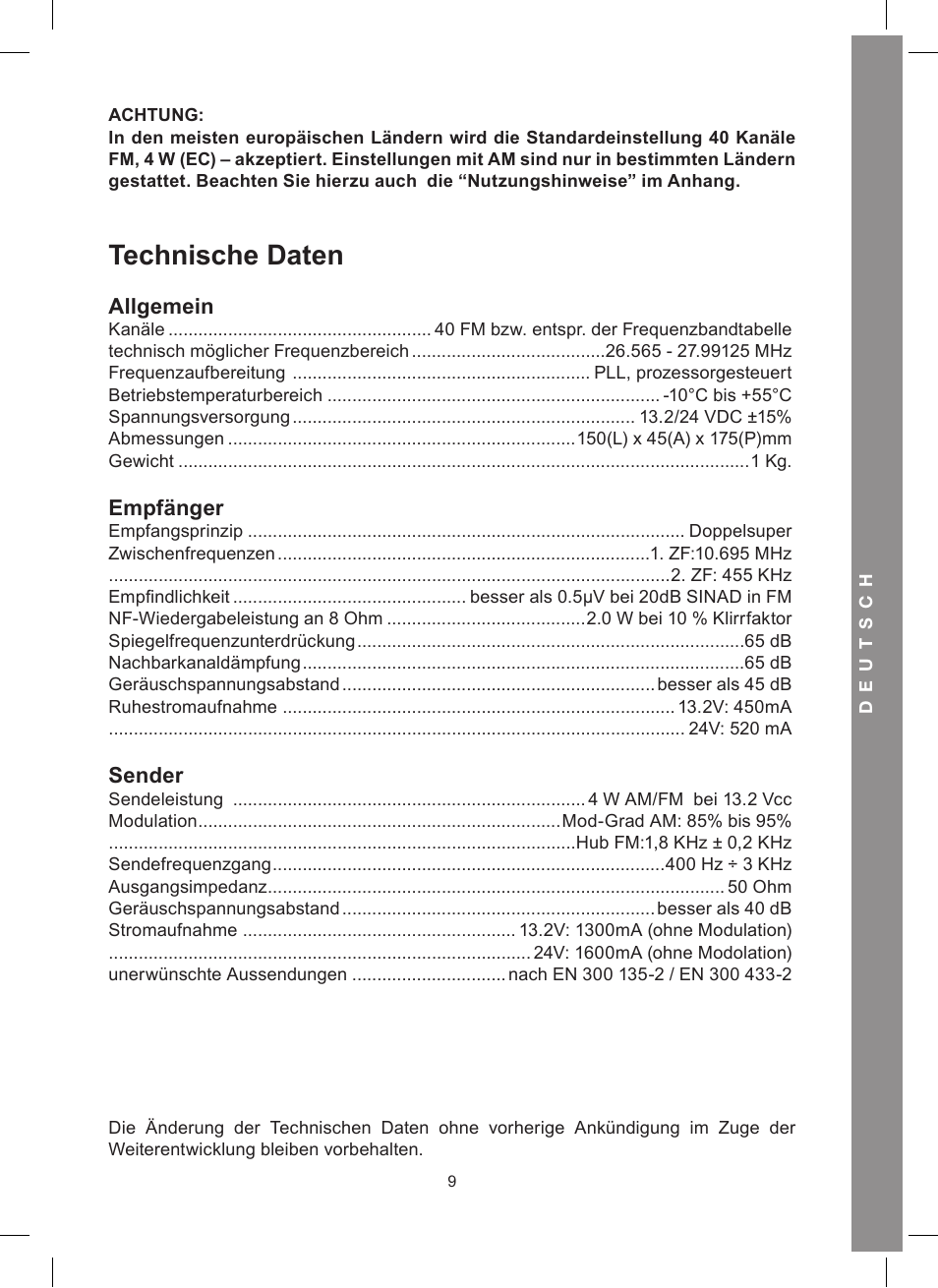 Technische daten, Allgemein, Empfänger | Sender | MIDLAND Alan 48 Excel multi User Manual | Page 29 / 74