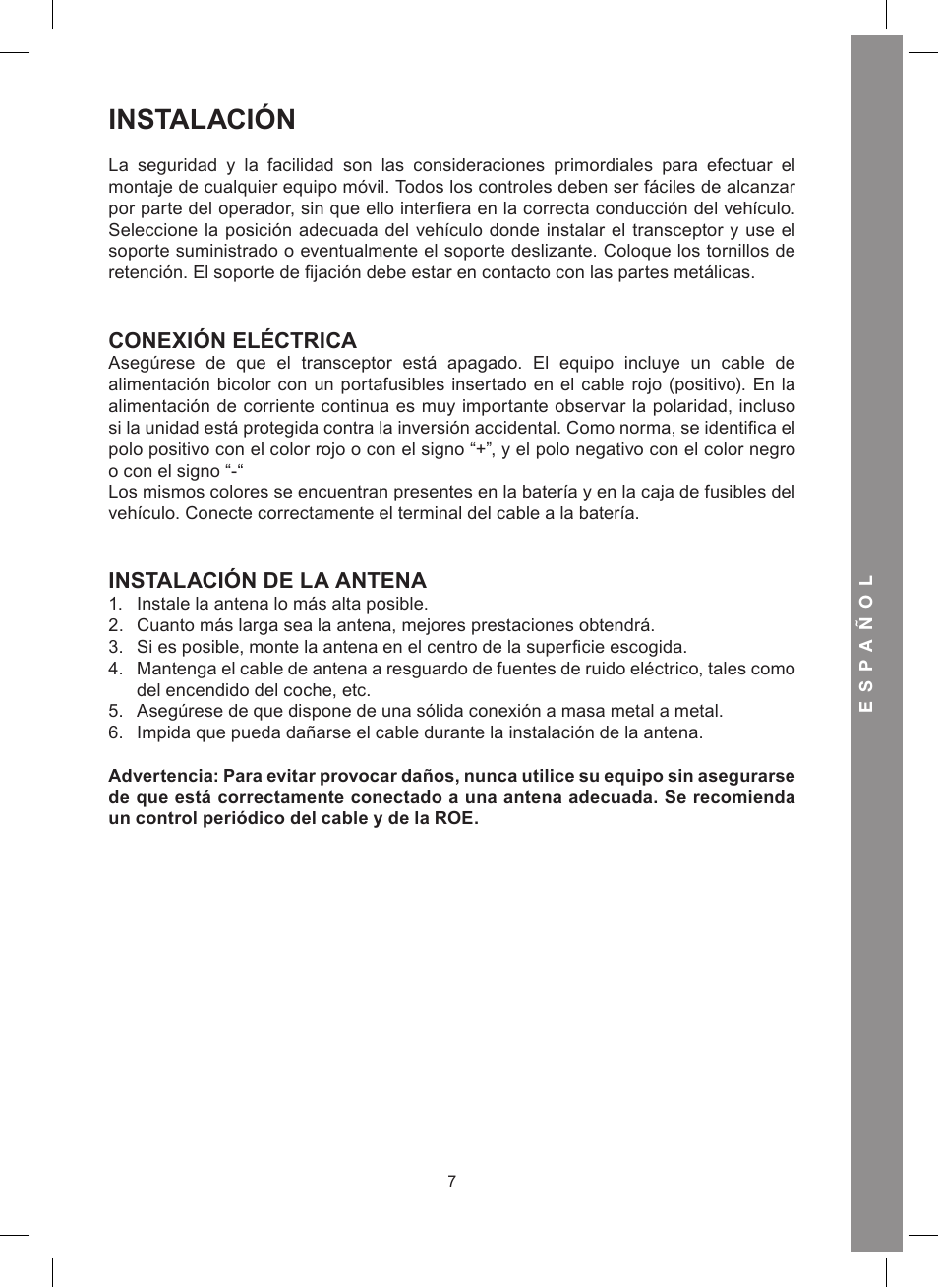 Instalación, Conexión eléctrica, Instalación de la antena | MIDLAND Alan 48 Excel multi User Manual | Page 37 / 74