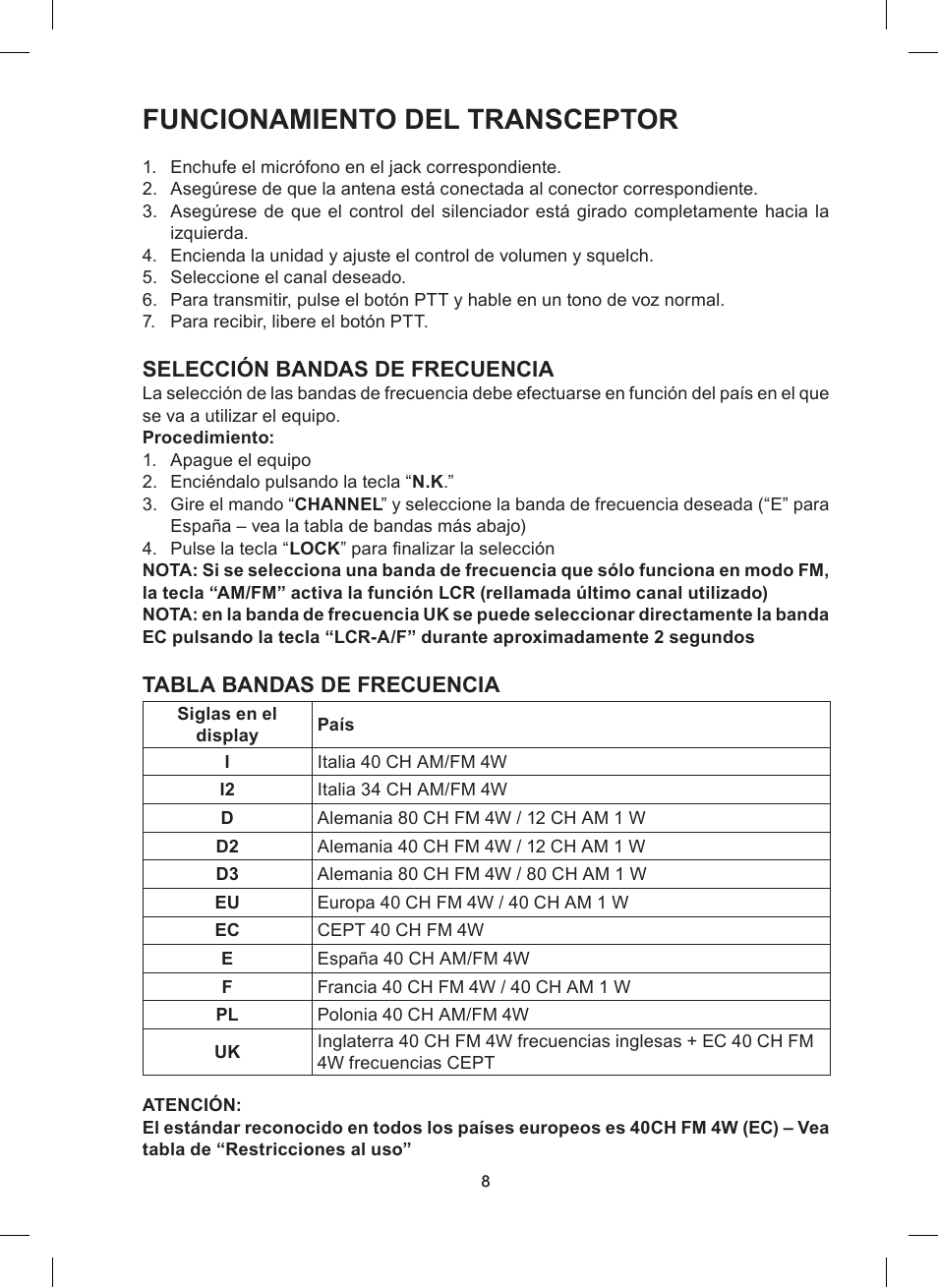 Funcionamiento del transceptor, Selección bandas de frecuencia, Tabla bandas de frecuencia | MIDLAND Alan 48 Excel multi User Manual | Page 38 / 74