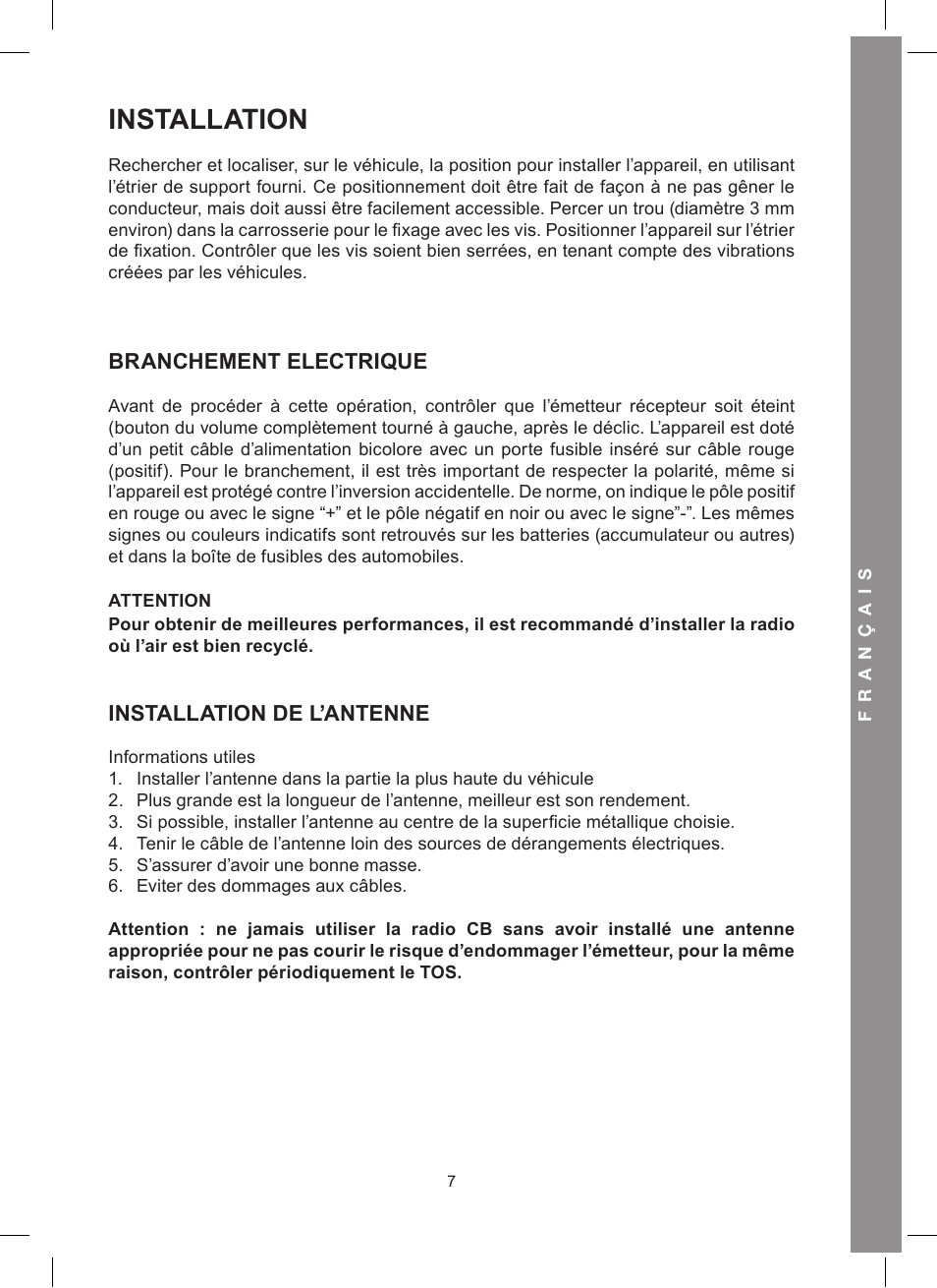 Installation, Branchement electrique, Installation de l’antenne | MIDLAND Alan 48 Excel multi User Manual | Page 47 / 74