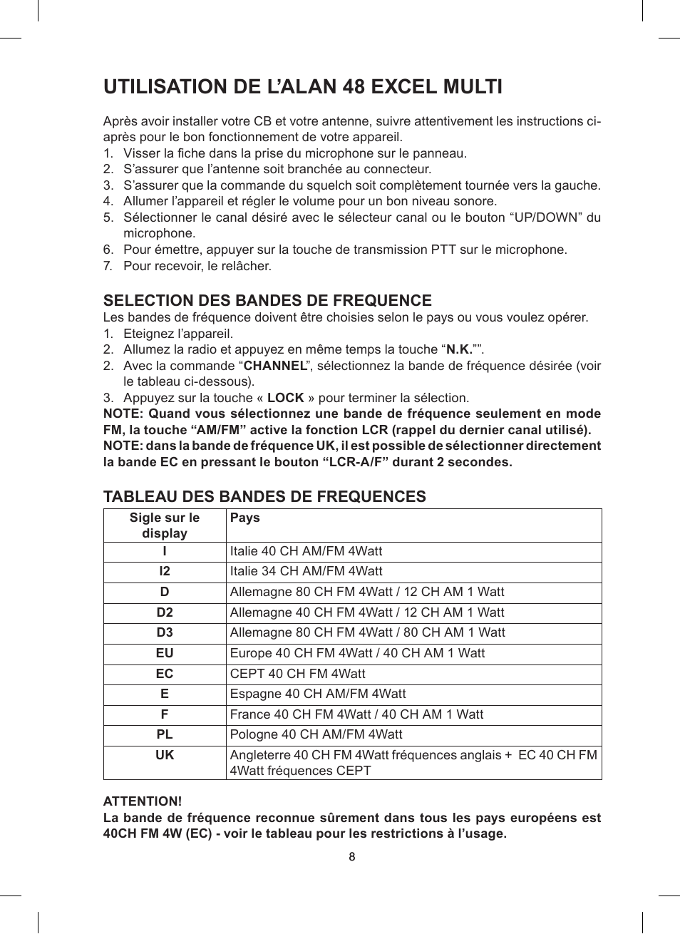 Utilisation de l’alan 48 excel multi, Selection des bandes de frequence, Tableau des bandes de frequences | MIDLAND Alan 48 Excel multi User Manual | Page 48 / 74