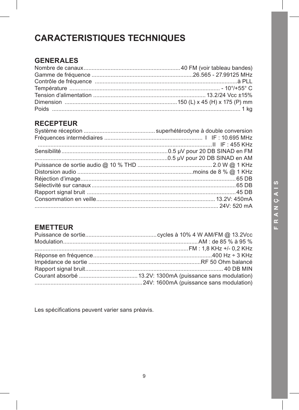 Caracteristiques techniques | MIDLAND Alan 48 Excel multi User Manual | Page 49 / 74