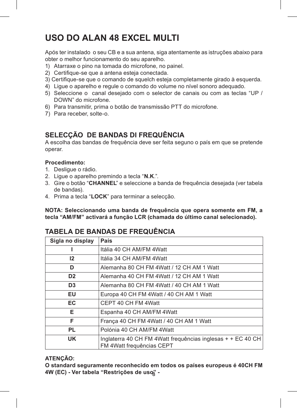 Uso do alan 48 excel multi, Selecção de bandas di frequência, Tabela de bandas de frequência | MIDLAND Alan 48 Excel multi User Manual | Page 58 / 74