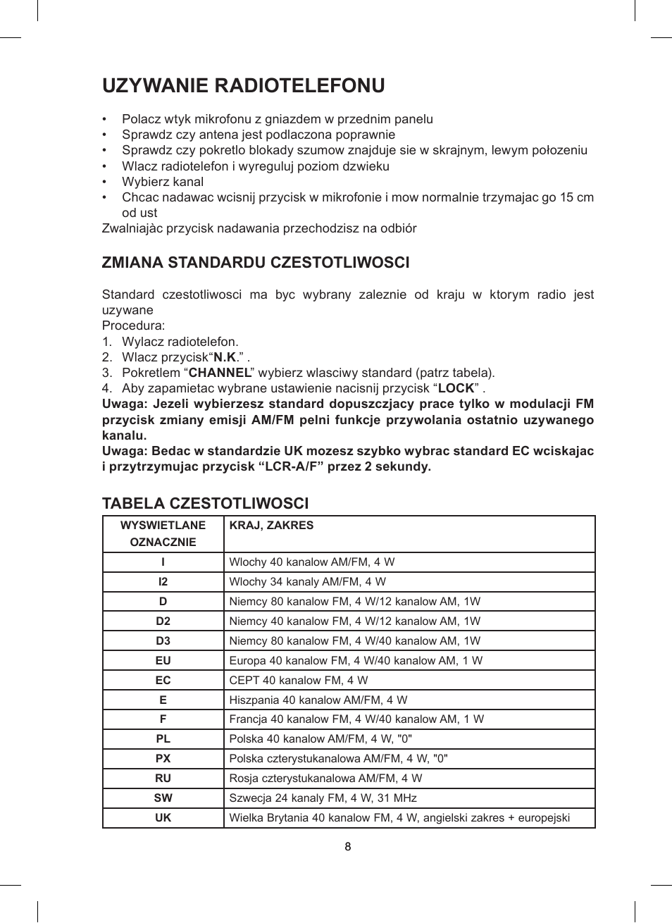 Uzywanie radiotelefonu, Zmiana standardu czestotliwosci, Tabela czestotliwosci | MIDLAND Alan 48 Excel multi User Manual | Page 68 / 74