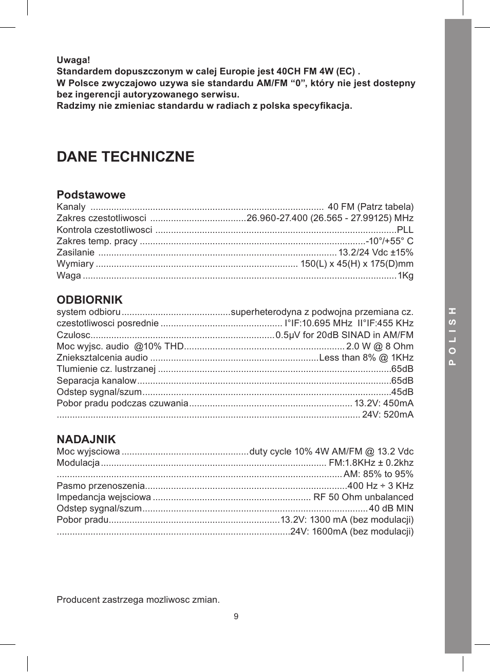Dane techniczne, Podstawowe, Odbiornik | Nadajnik | MIDLAND Alan 48 Excel multi User Manual | Page 69 / 74