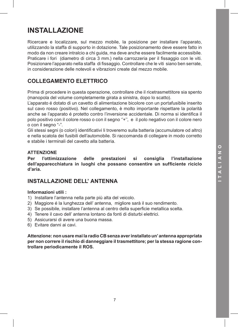 Installazione, Collegamento elettrico, Installazione dell’ antenna | MIDLAND Alan 48 Excel multi User Manual | Page 7 / 74
