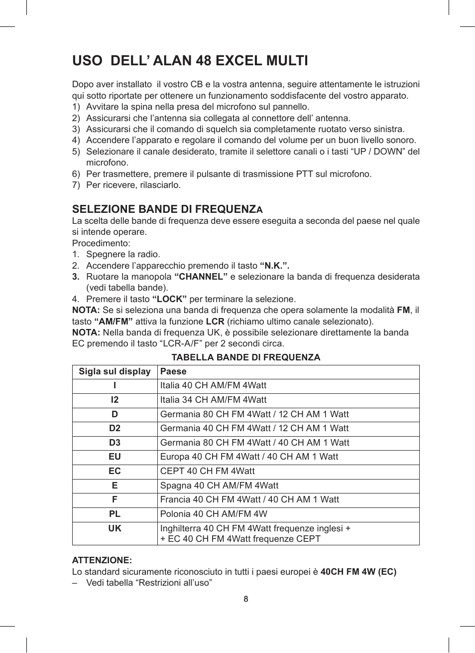 Uso dell’ alan 48 excel multi, Selezione bande di frequenz | MIDLAND Alan 48 Excel multi User Manual | Page 8 / 74