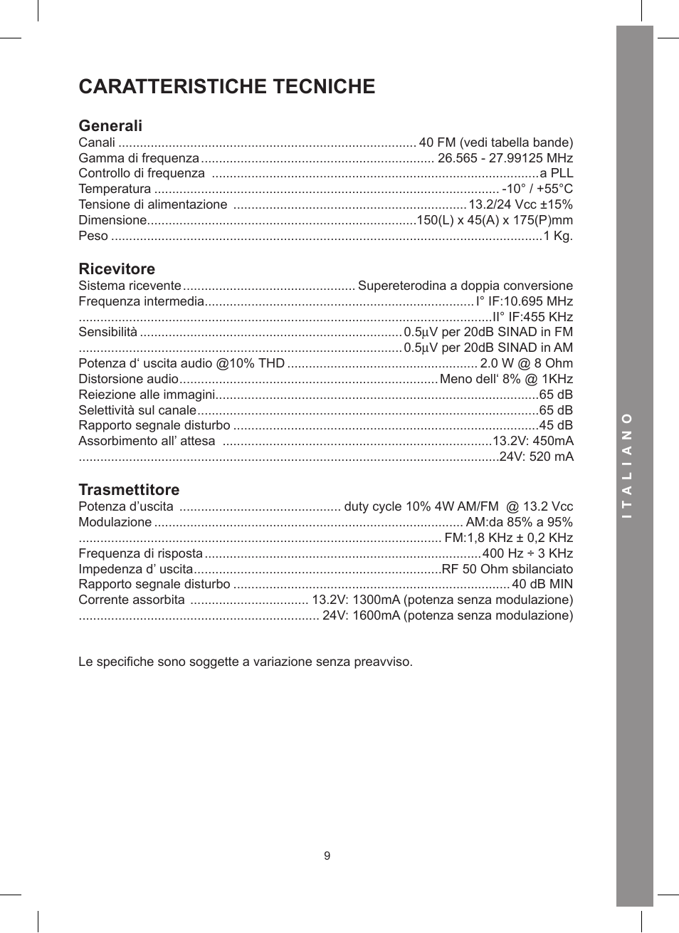 Caratteristiche tecniche | MIDLAND Alan 48 Excel multi User Manual | Page 9 / 74