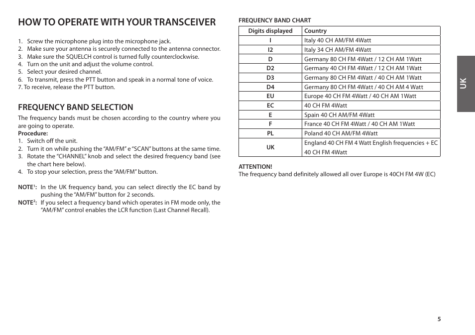 How to operate with your transceiver, Frequency band selection | MIDLAND Alan 48 Plus Multi B User Manual | Page 13 / 56