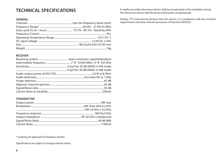 Technical specifications | MIDLAND Alan 48 Plus Multi B User Manual | Page 14 / 56